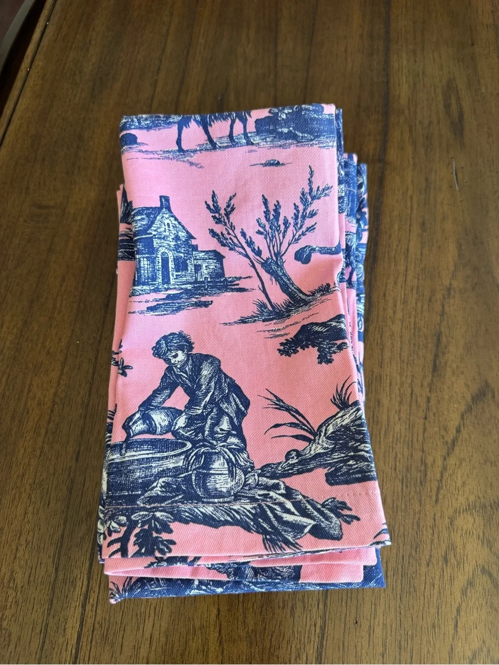 Williams Sonoma Set of 6 Pink Toile Cotton Dinner Napkins French Country